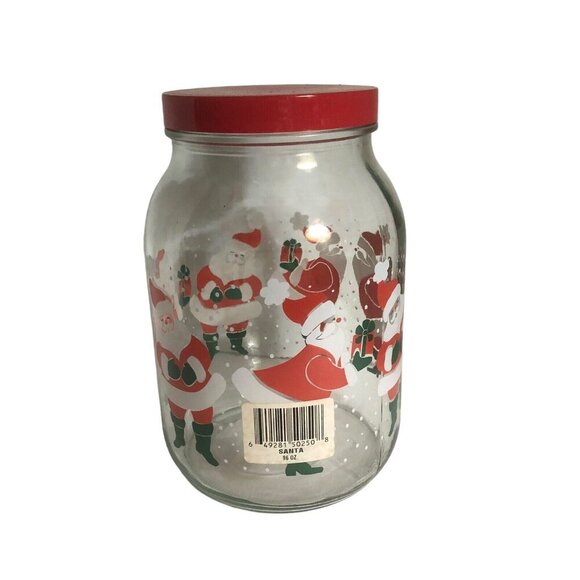 Vtg ANCHOR HOCKING 96oz Santa Glass Christmas/Xmas Red Plastic Lid Storage Jar - Picture 2 of 7